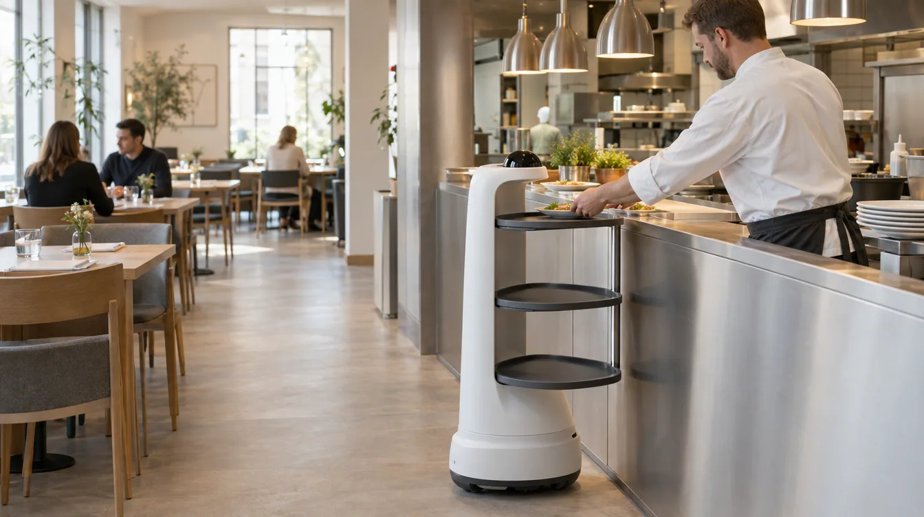 Koch stellt an der Küchenausgabe einen Teller auf den Servierroboter